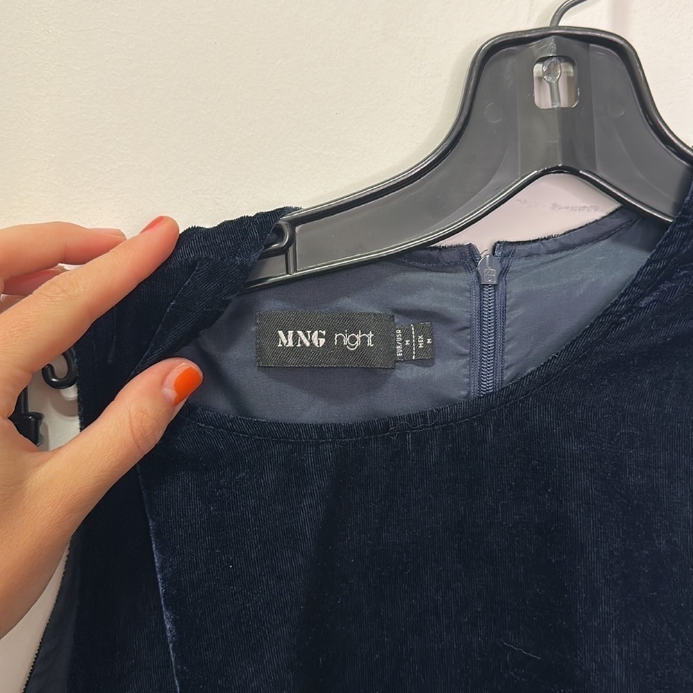 MNG NIGHT | Navy Blue Velvet Patterned Midi Dress - Picture 5 of 7